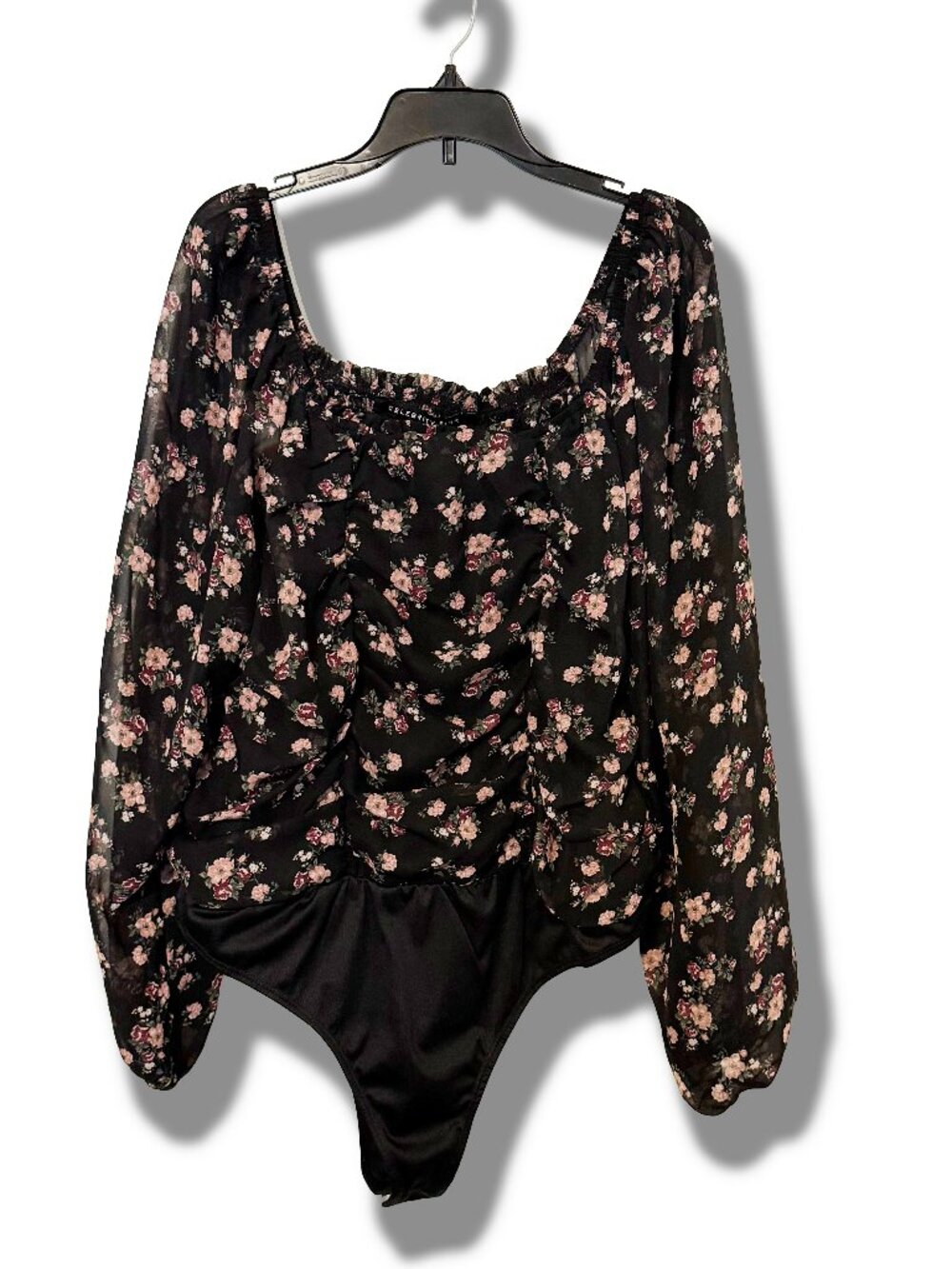 Celebrity Pink Floral Ruched Long Sleeve Bodysuit XL Square Neck Top